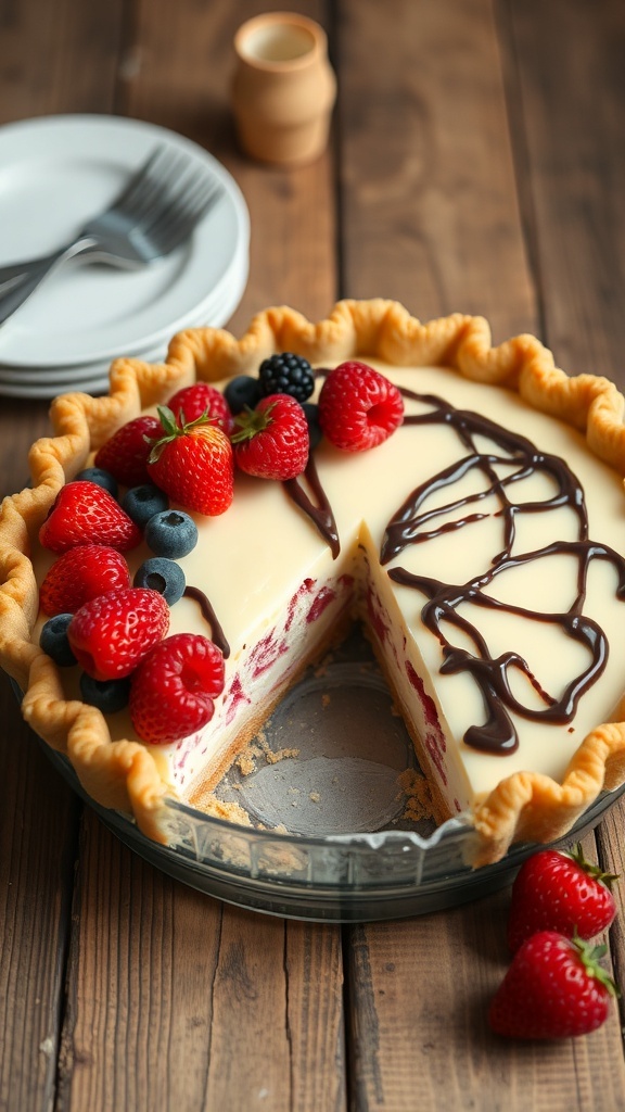 Nilla Wafer Crust Recipe A golden Nilla wafer crust filled with cheesecake and topped with berries on a wooden table.
